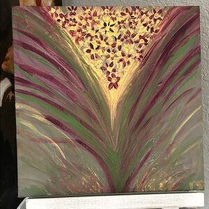 Abstract Floral Canvas Art in Green and Burgundy. Titled: Unlikely duo